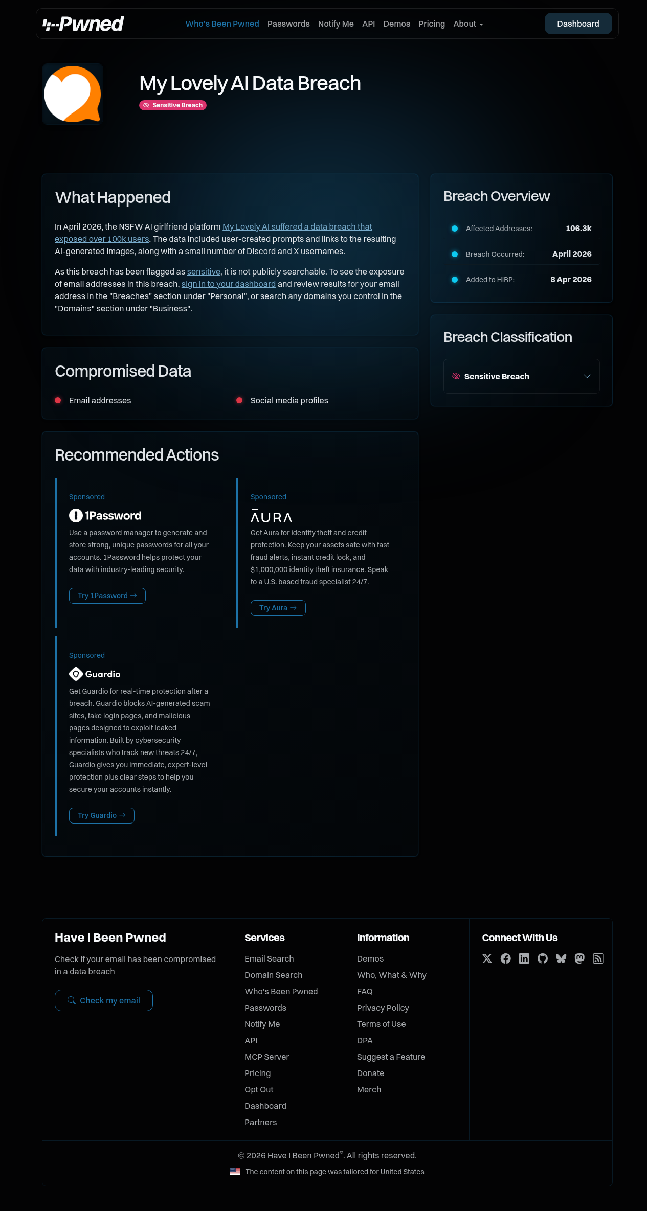 Have I Been Pwned My Lovely AI sensitive breach listing April 2026