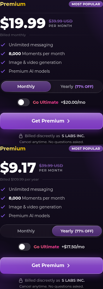 Secrets AI Premium and Ultimate pricing checked 20 Sep 2026